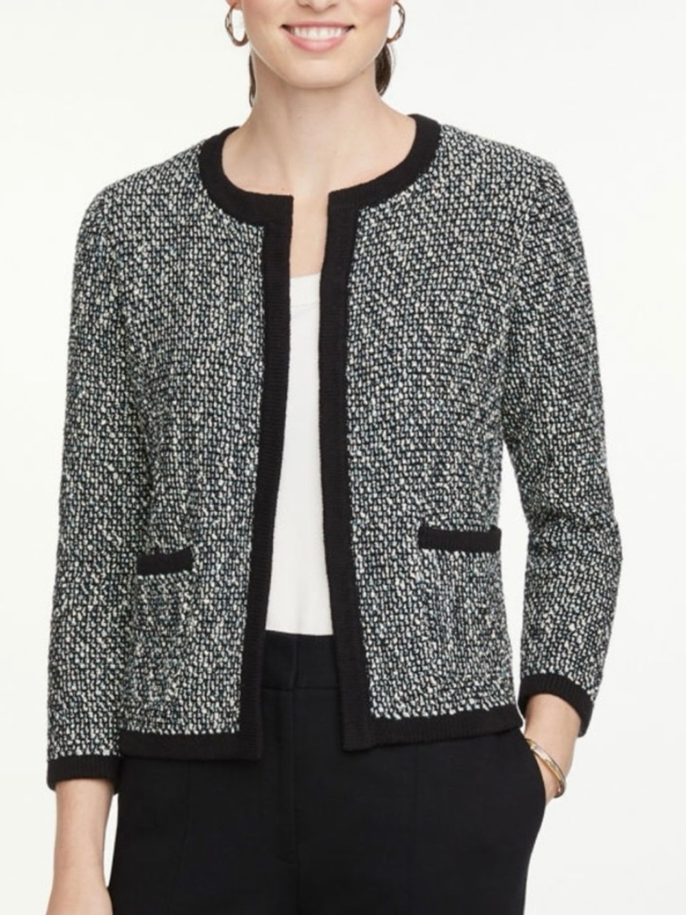 NWT Ann Taylor Factory Tweed Open Cardigan Black White Blue Pockets Large
